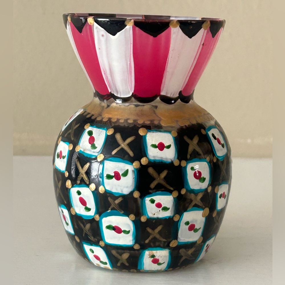 Vintage Mackenzie Childs miniature hand painted glass thistle vase. Signed.